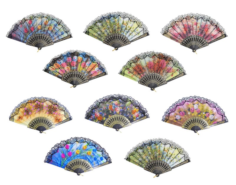 YOKIND 10 Pack Vintage Spanish Floral Folding Hand Fan Sequin Fabric Folding Handheld Hand Fan, Random Color - Image 1